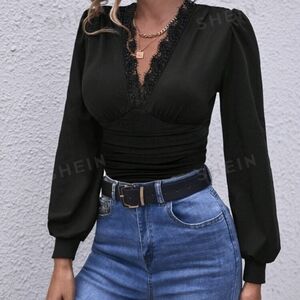 SHEIN Clasi Contrast Lace Lantern Sleeve Tee